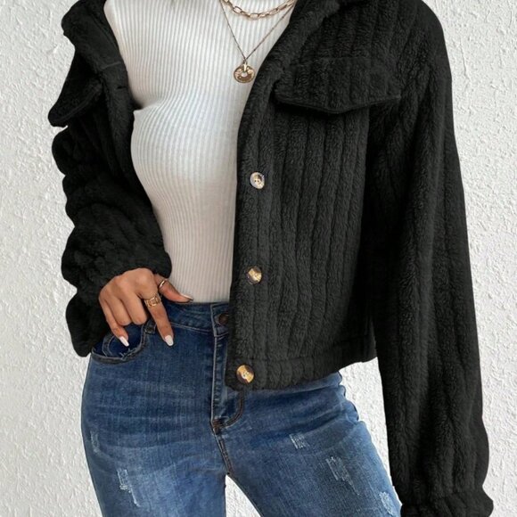 Black Casual Women's Flap Detail Button Front Flannel Jacket - Picture 4 of 7